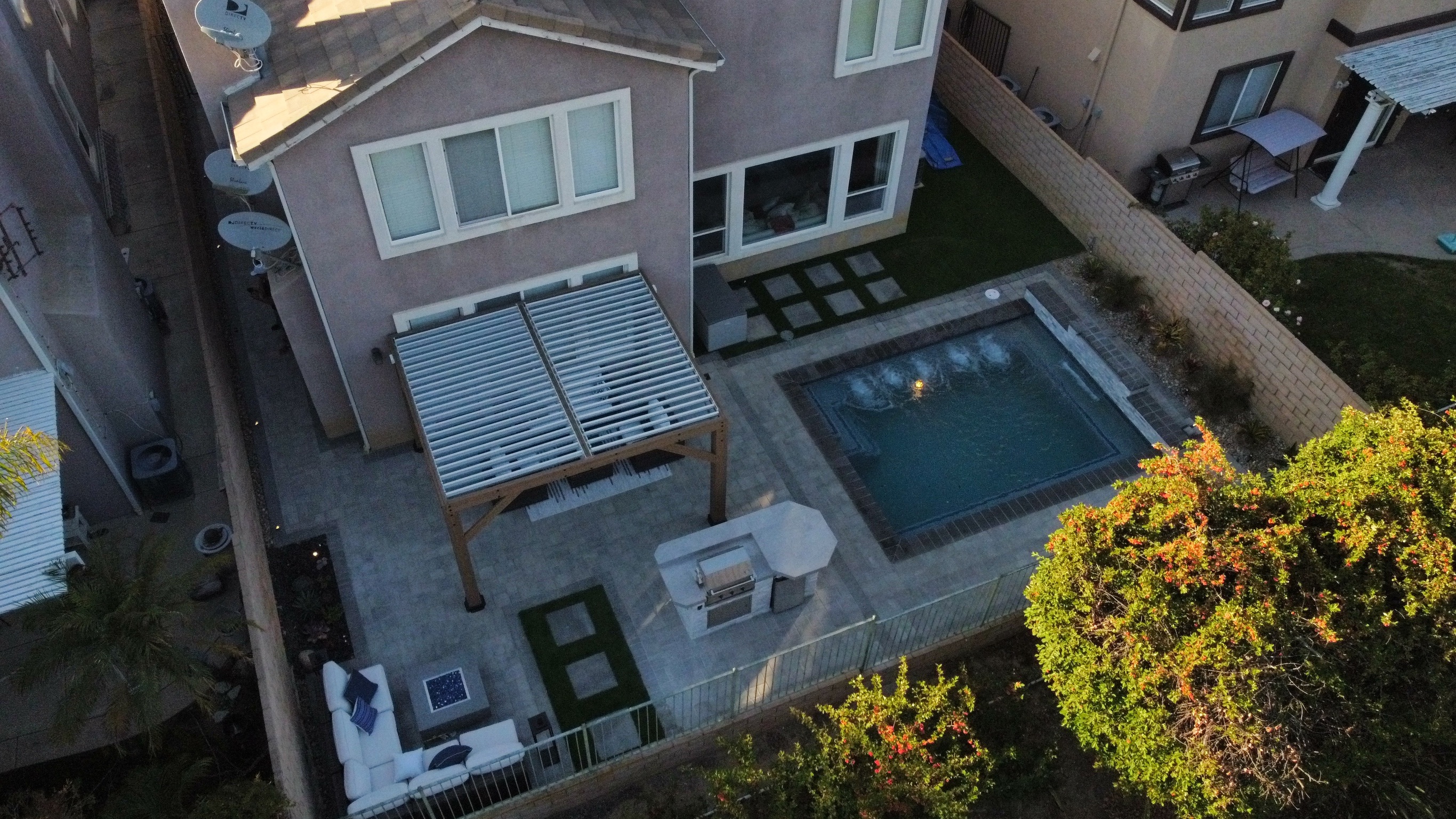 Aerial view of complete backyard transformation