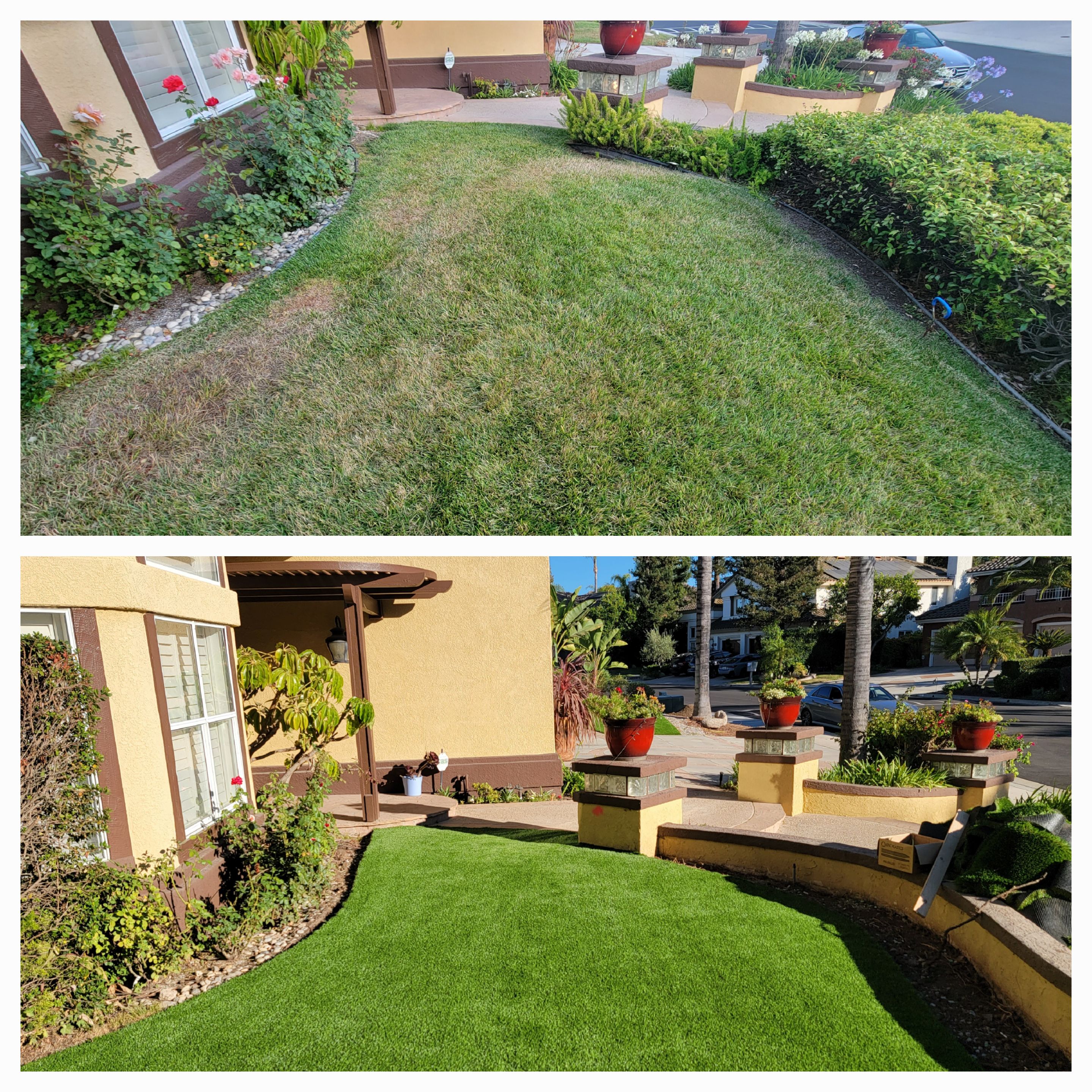 Before and after — dead grass to lush artificial turf